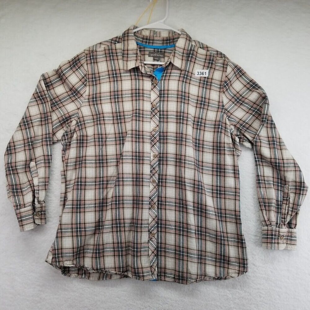 Eddie Bauer Womens Flannel Plaid‎ Shirt Size XXL Brown Pink Blue Button Front